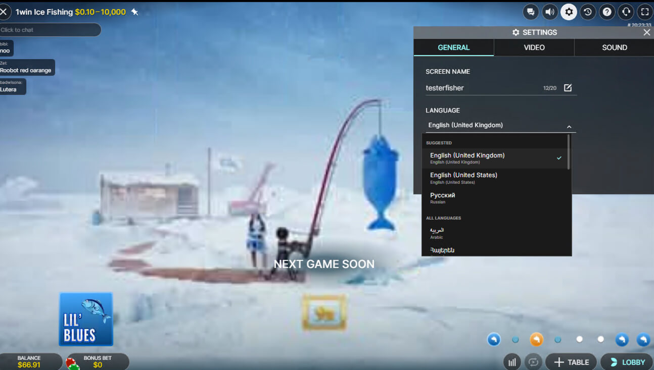 Impostazioni generali Ice Fishing — selezione lingua, screen name, audio, video