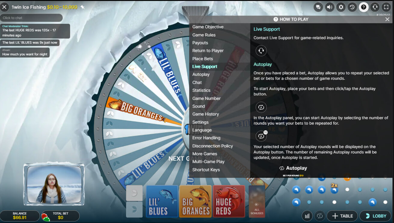 Ice Fishing — Live Support e Autoplay nella guida